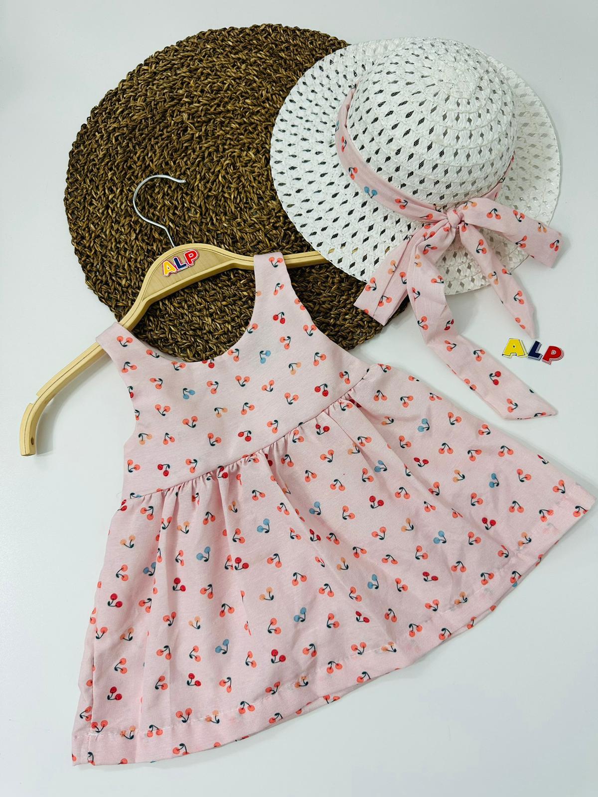 Hat and Cherries 2 Parça Elbise Set Kız Takım Açık Pembe