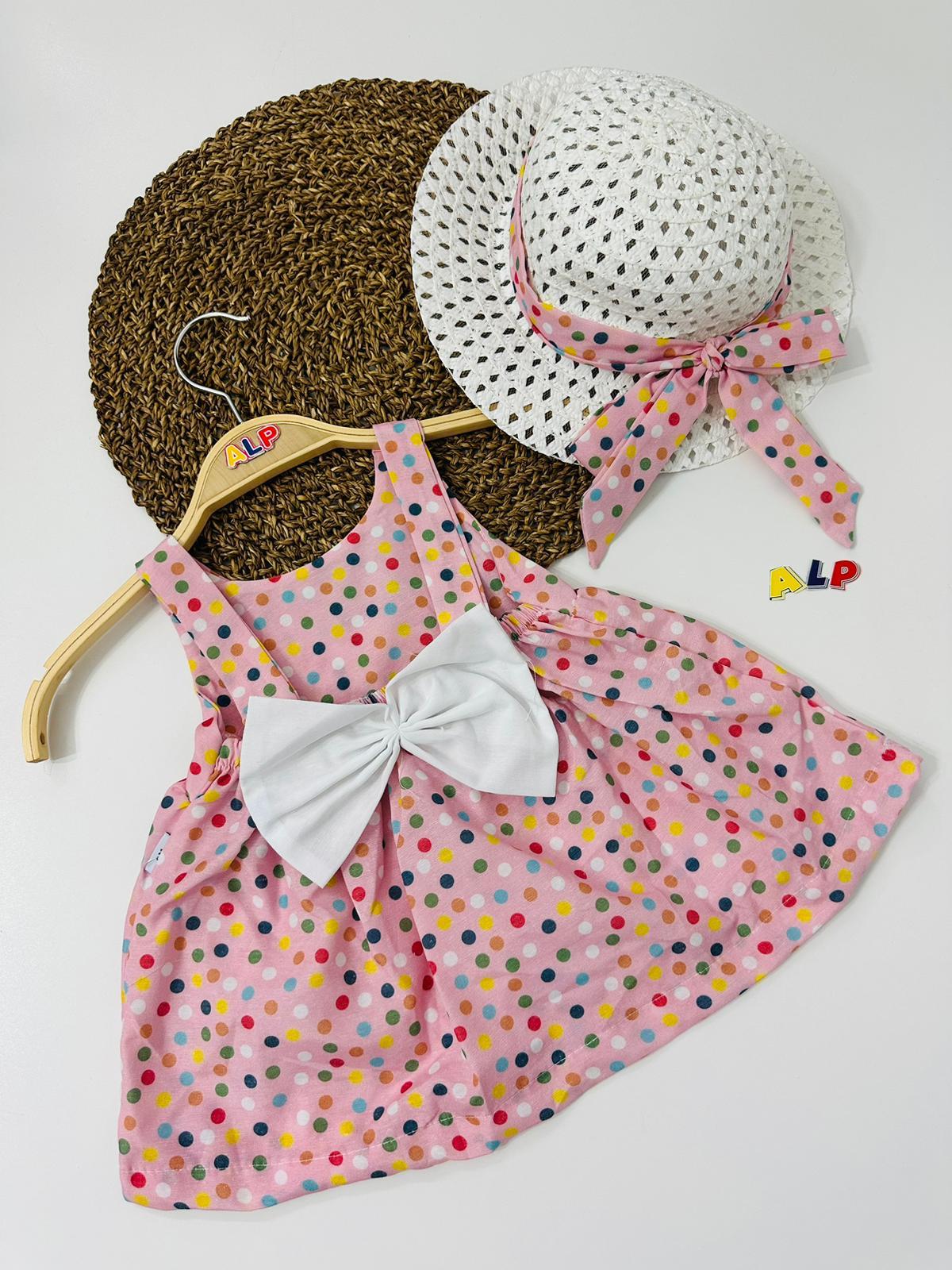 Hat and Spotted Themed 2 Parça Elbise Set Kız Takım Pembe