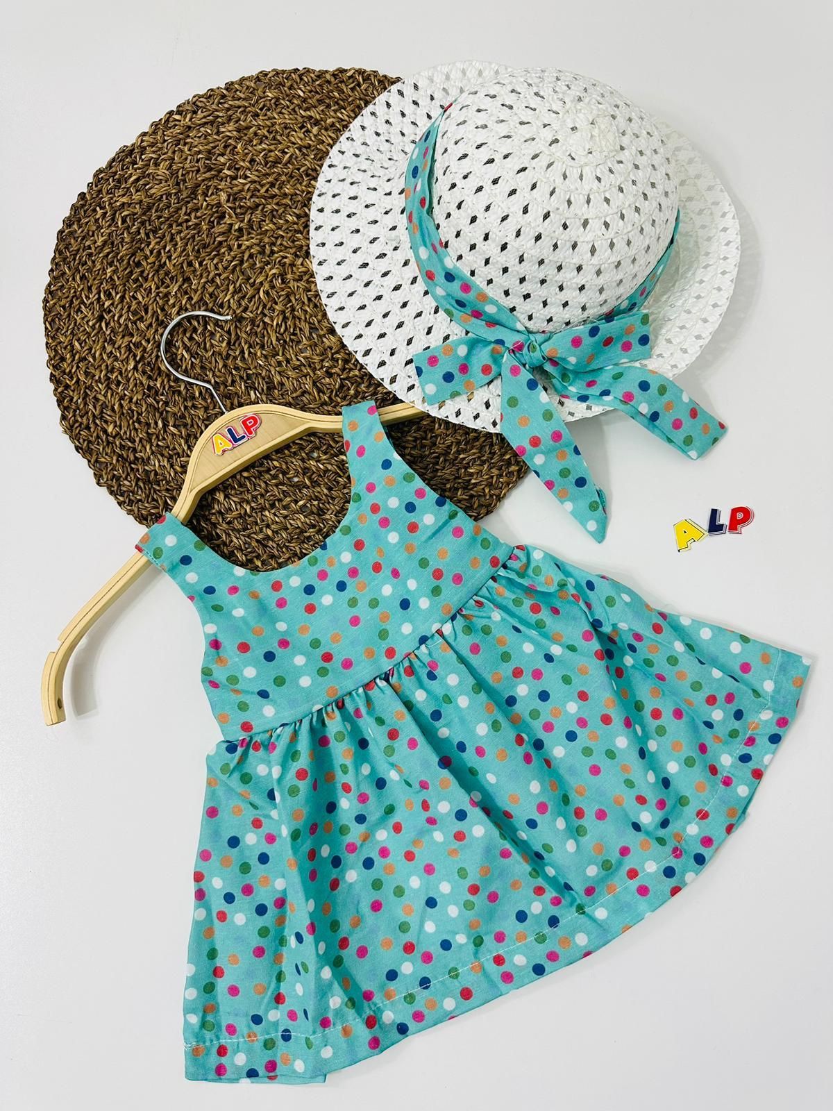 Hat and Spotted Themed 2 Parça Elbise Set Kız Takım Turkuaz