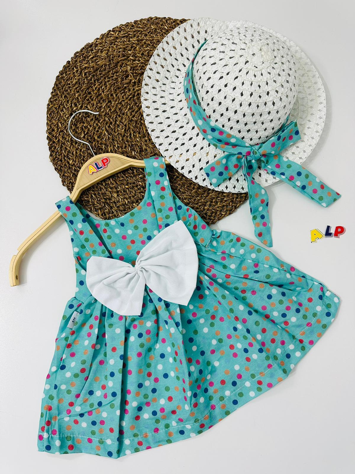 Hat and Spotted Themed 2 Parça Elbise Set Kız Takım Turkuaz