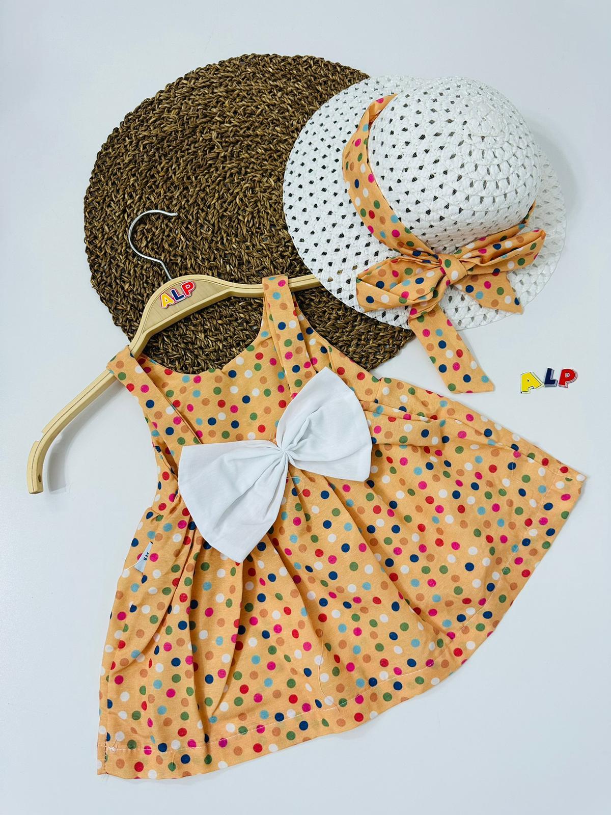 Hat and Spotted Themed 2 Parça Elbise Set Kız Takım Turuncu