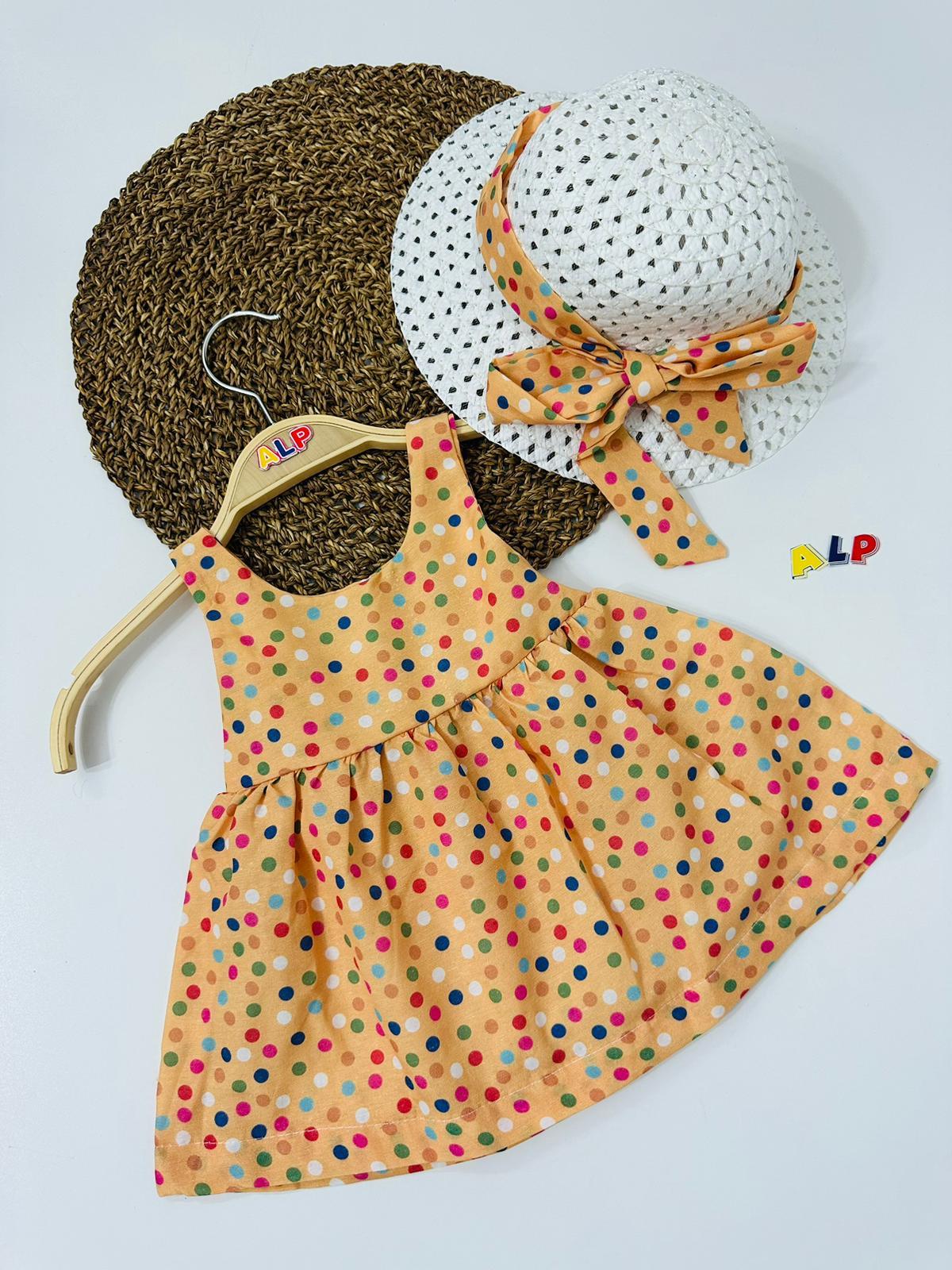 Hat and Spotted Themed 2 Parça Elbise Set Kız Takım Turuncu
