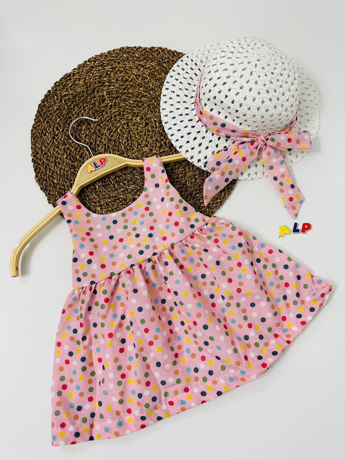Hat and Spotted Themed 2 Parça Elbise Set Kız Takım Pembe