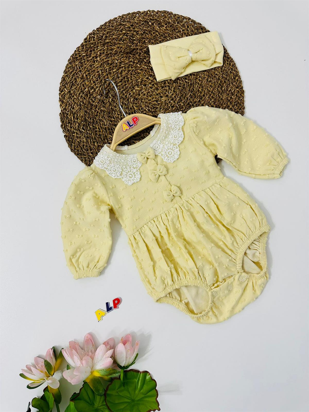 Lace Collar Embroidered 2 Parça Salopet Set Kız Takım Sarı