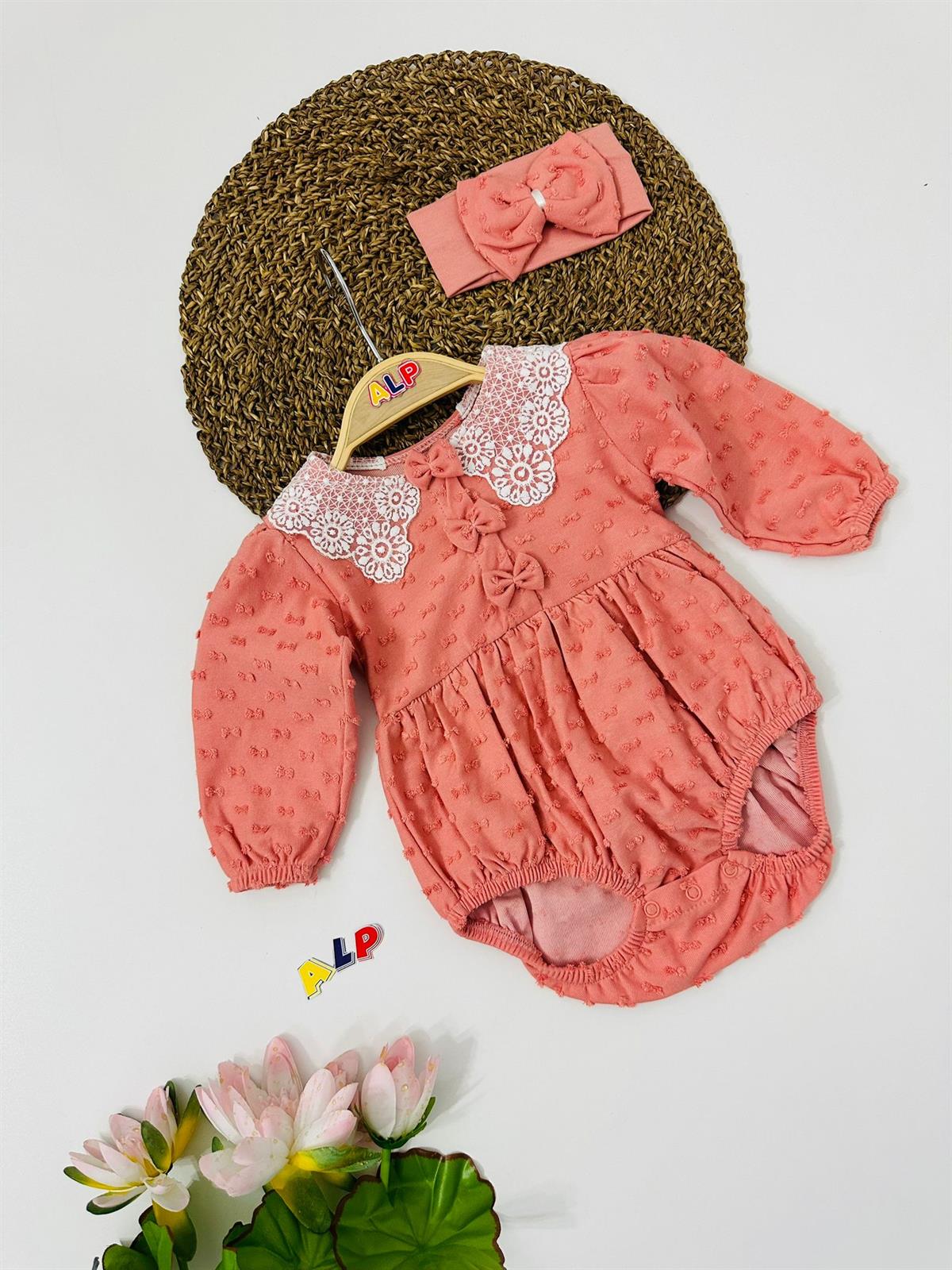 Lace Collar Embroidered 2 Parça Salopet Set Kız Takım Mercan Kırmızı