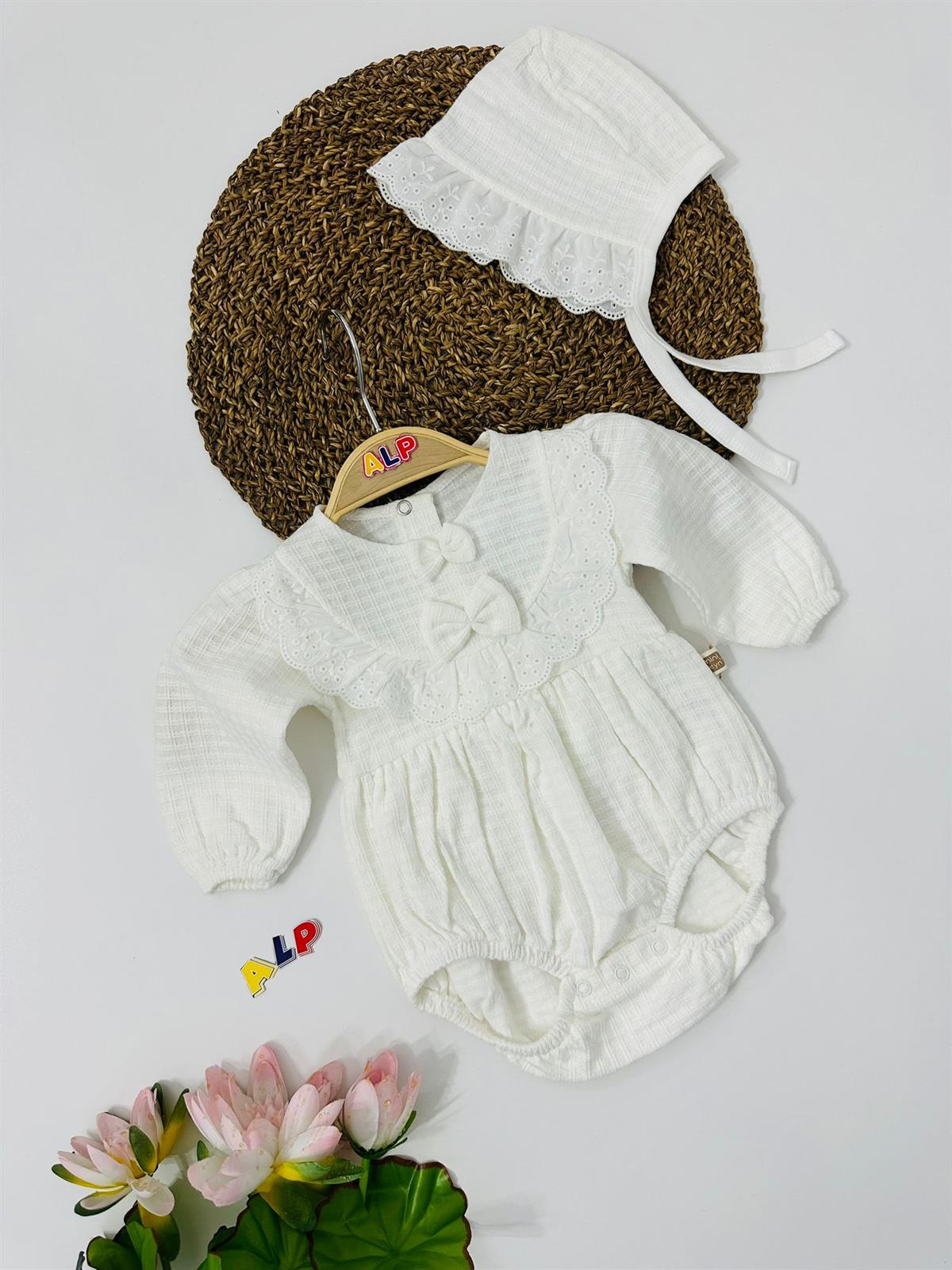 Lace Embroidered 2 Parça Salopet Set Kız Takım Beyaz