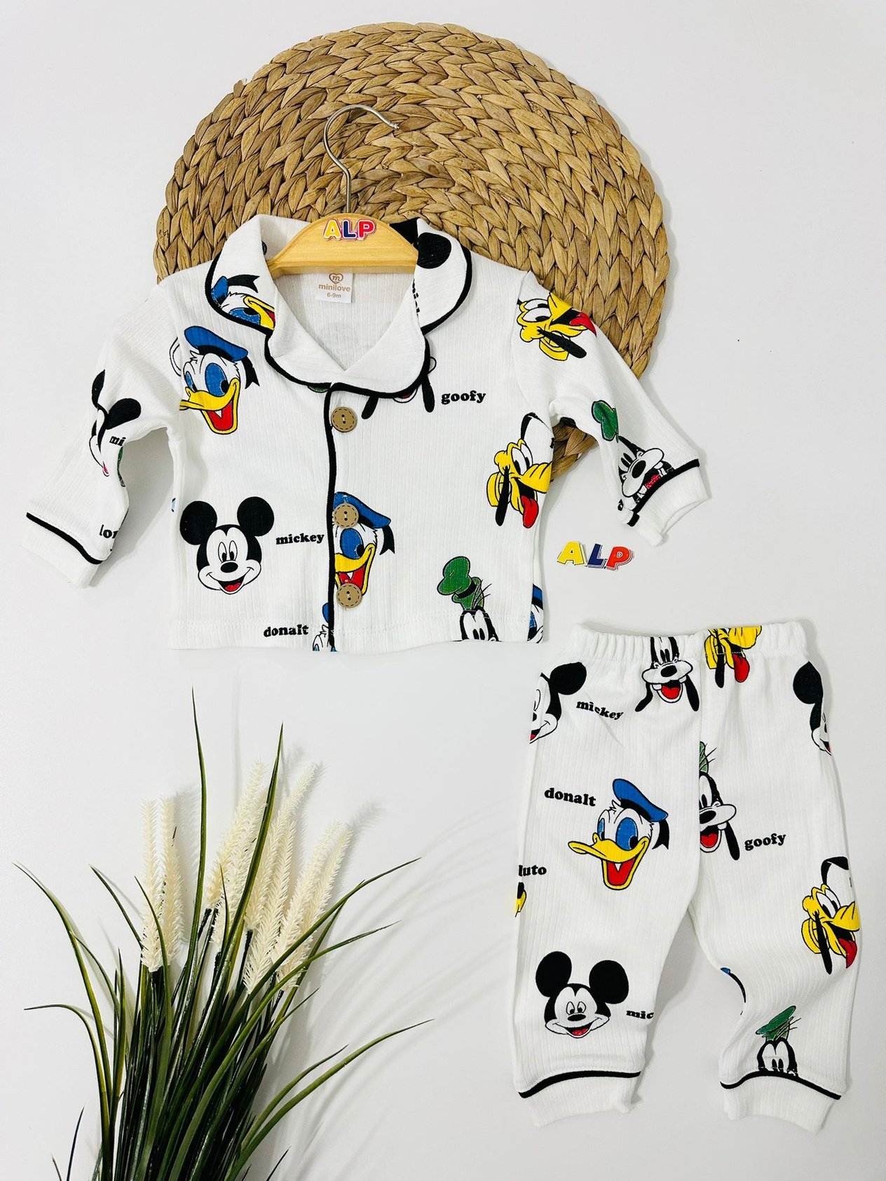 Mickey Düğmeli Pijama Takımı  -Ekru