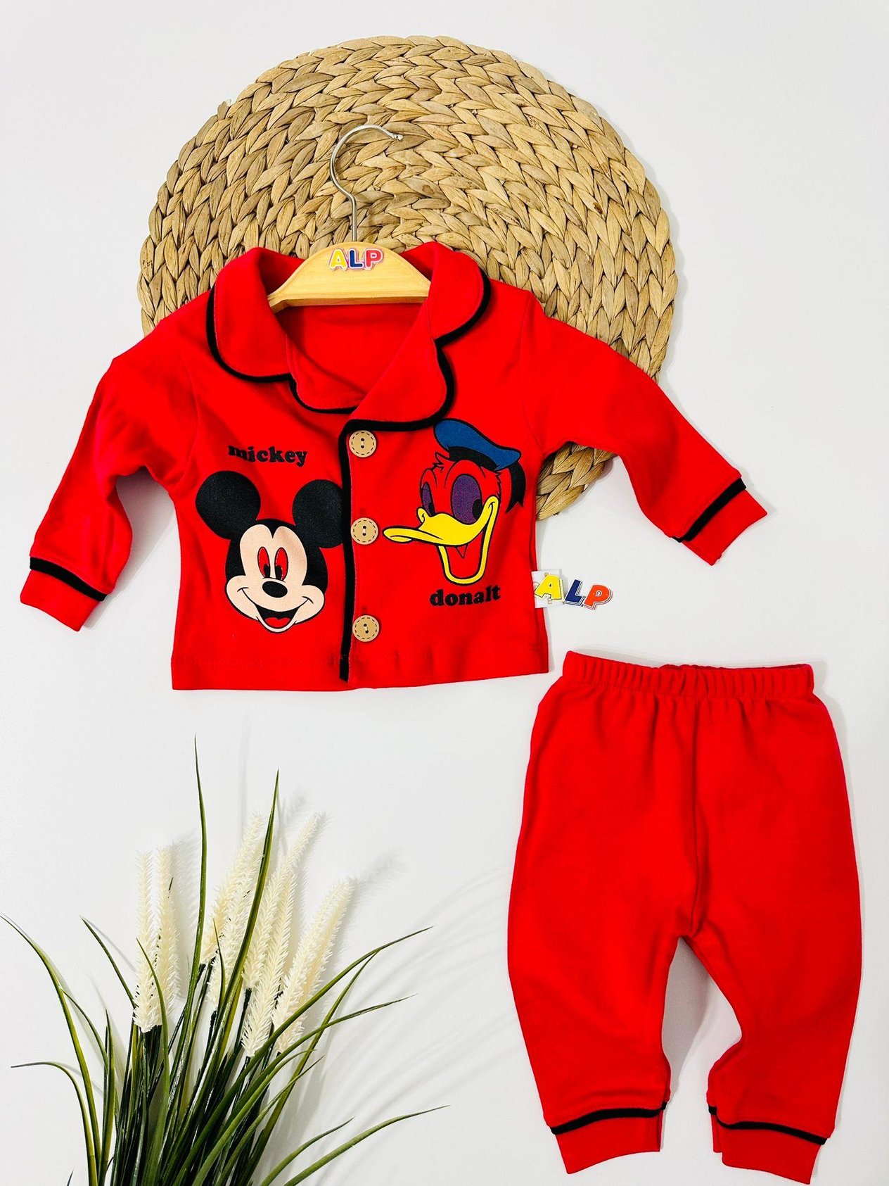 Mickey Düğmeli Pijama Takımı  -Kırmızı