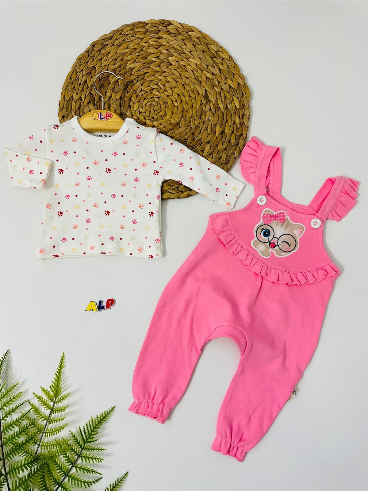 Smart cat fırfırlı salopet set pembe