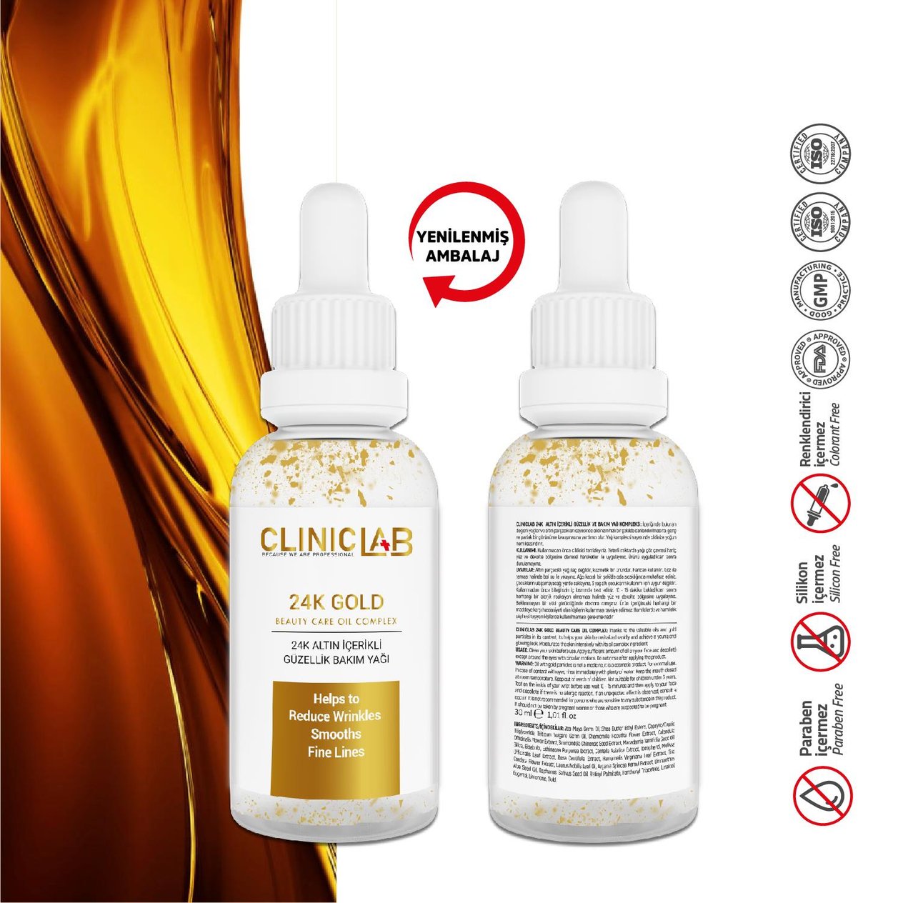 ClinicLab 24K Gold Altın Parçacıklı Yaşlanma Karşıtı Bakım Yağı 30 ML