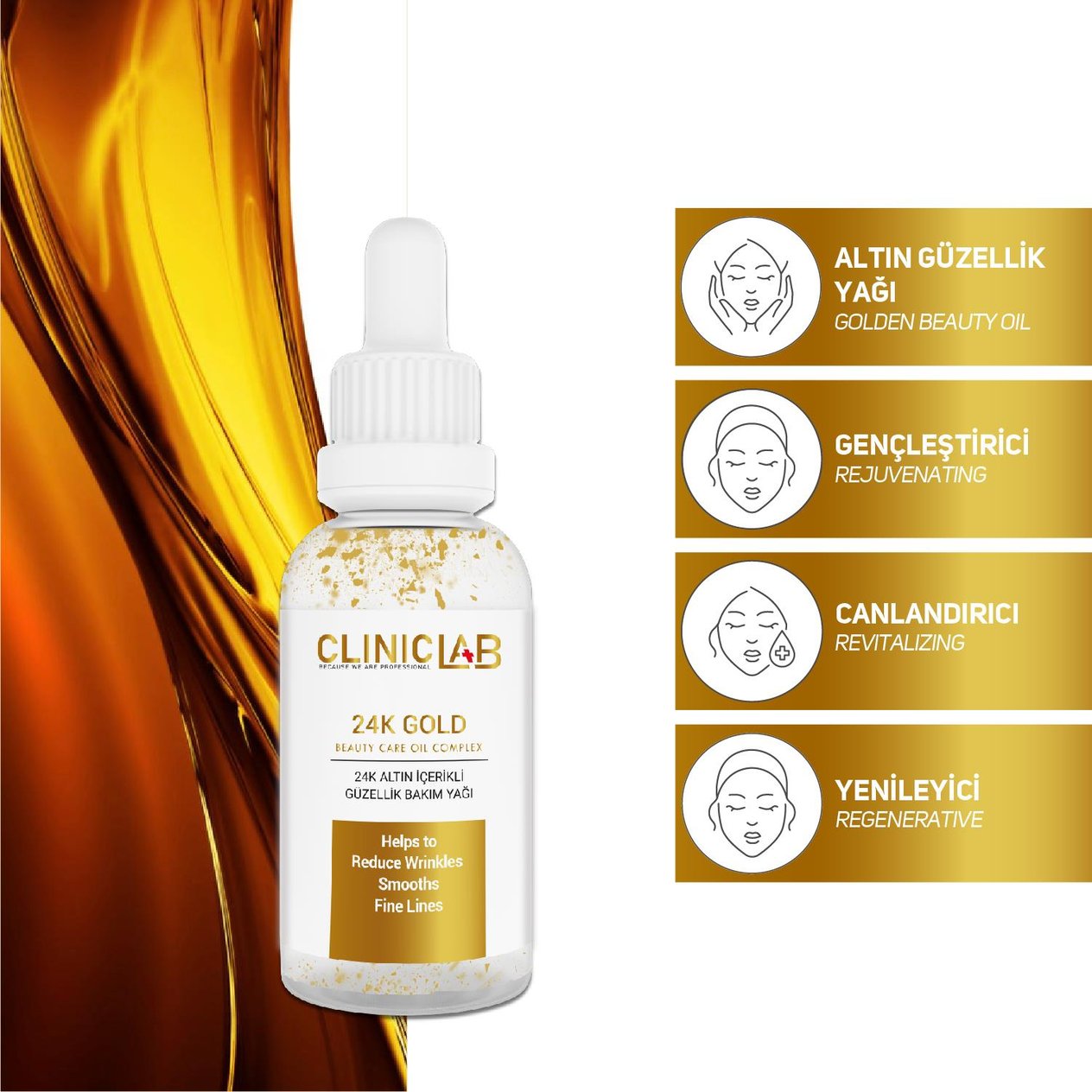 ClinicLab 24K Gold Altın Parçacıklı Yaşlanma Karşıtı Bakım Yağı 30 ML