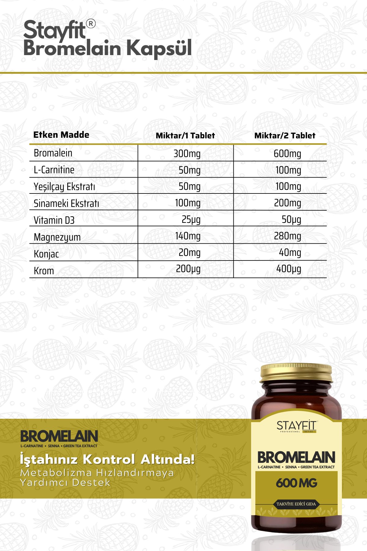 Bromelain 600 Mg 2400 Gdu L-Carnitine Takviye Edici Gıda 60 Kapsül