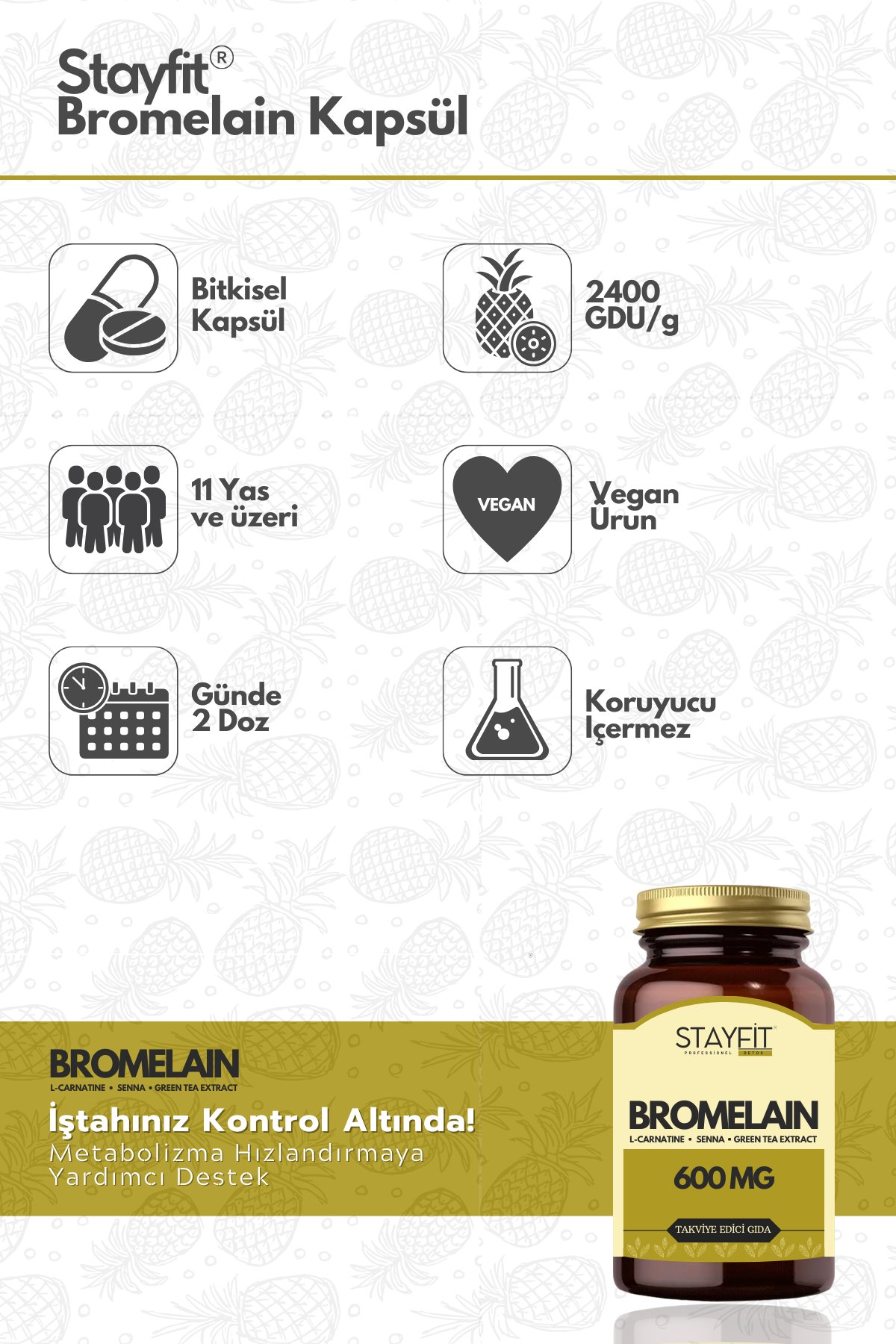 Bromelain 600 Mg 2400 Gdu L-Carnitine Takviye Edici Gıda 60 Kapsül