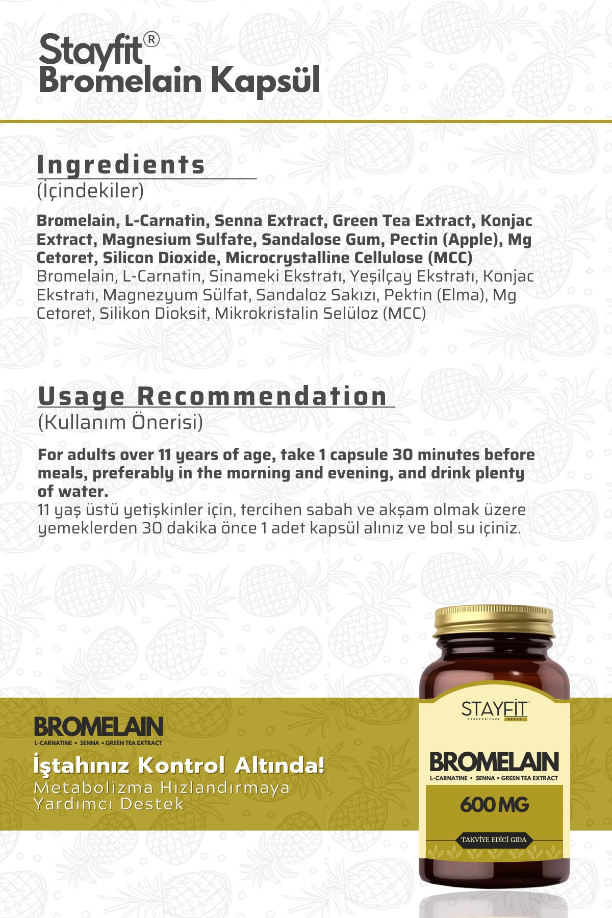 Bromelain 600 Mg 2400 Gdu L-Carnitine Takviye Edici Gıda 60 Kapsül
