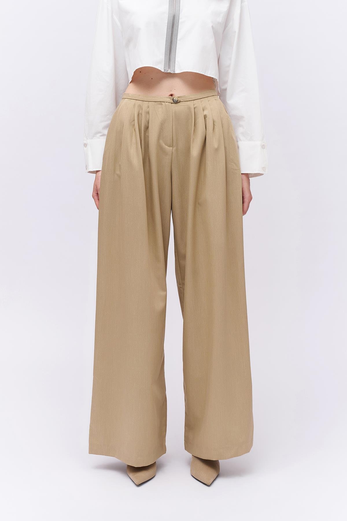 Quzu Pile Detaylı Pantolon Bej