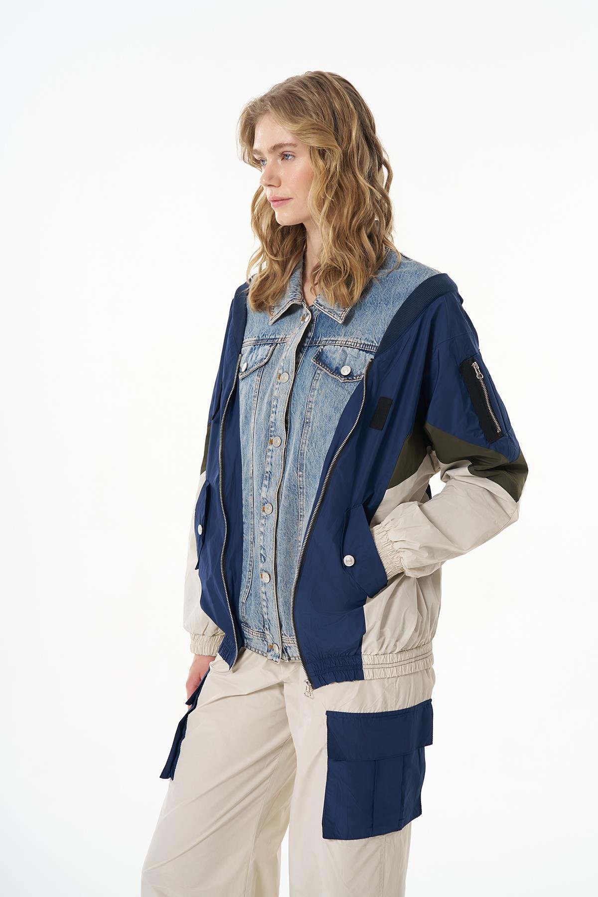 Quzu Yağmurluk & Denim Detaylı Ceket Mavi