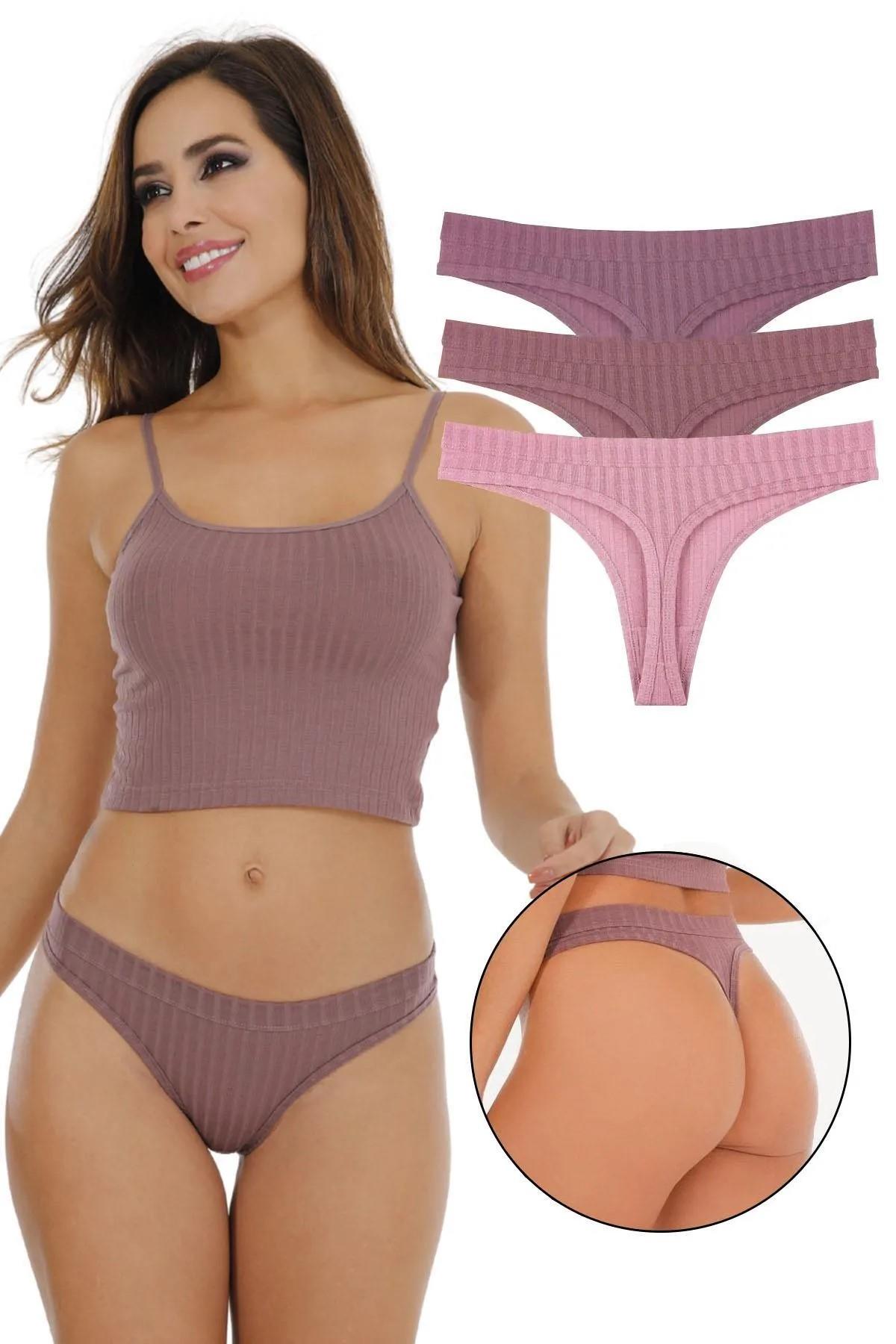 Kadın Fitilli Soft Renkler 3 lüi Tanga Külot Set - KTS4052