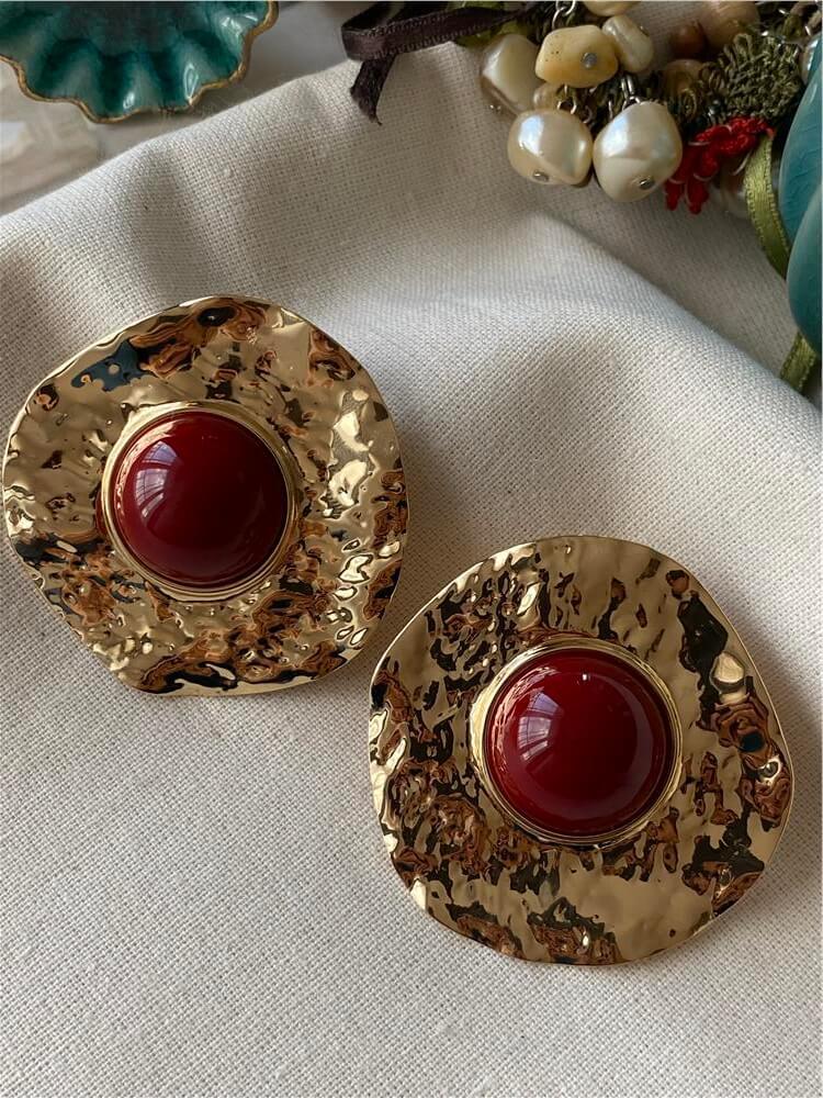 Bordo Detaylı Desenli Plaka Küpe