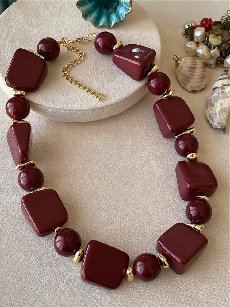 Bordo Topçuklu Vintage Kolye