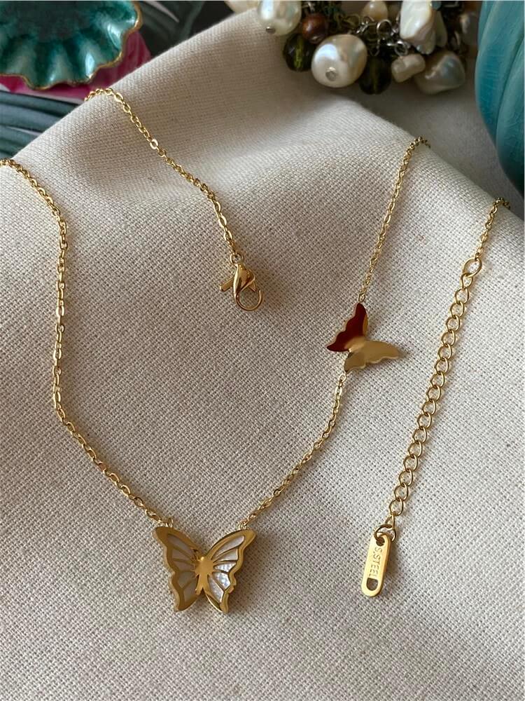 Çelik İkili Kelebek Kolye