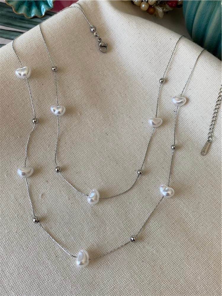 Çelik İncili İkili Silver Kalp Kolye 