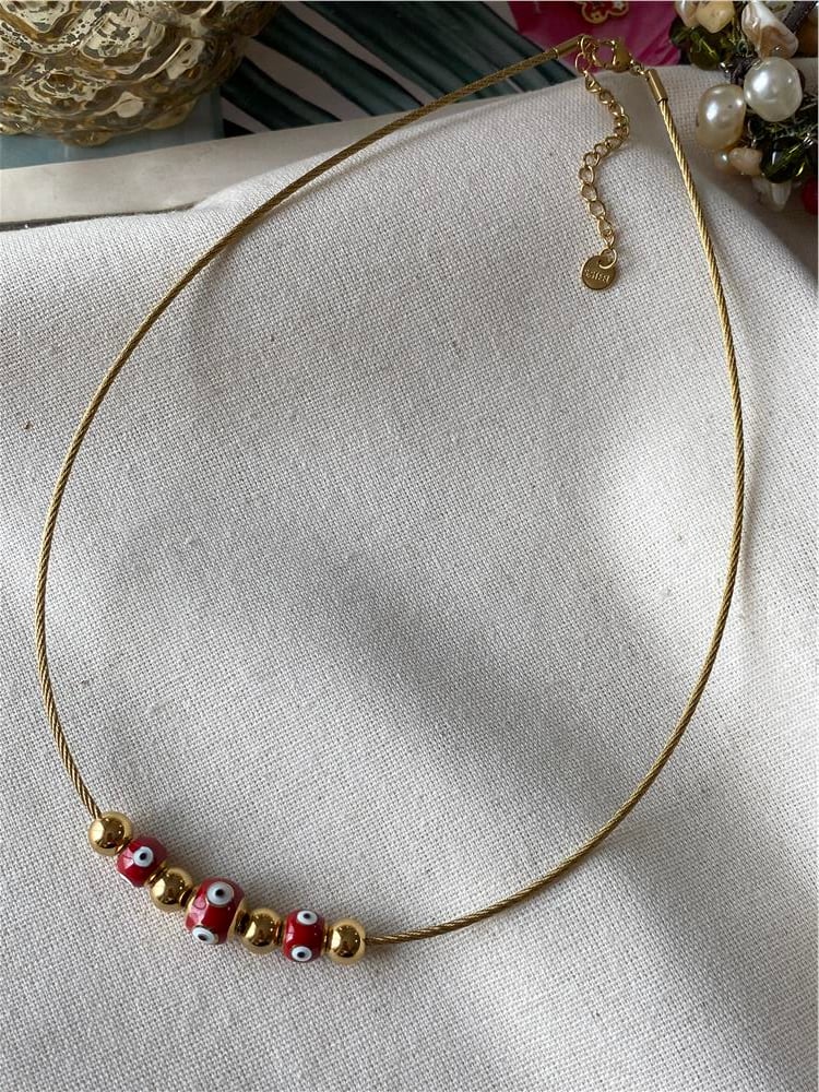 Çelik Kırmızı Sıralı Göz Choker Kolye 