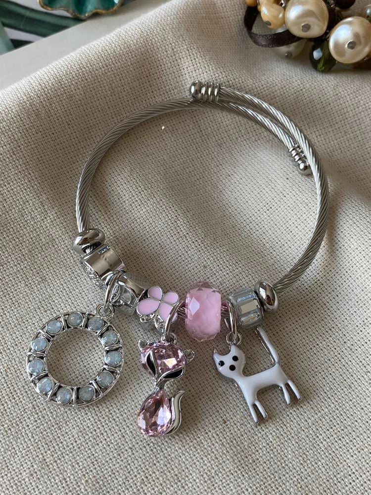 Çelik Kordonlu  Pembe Kedi Charmlı Bileklik