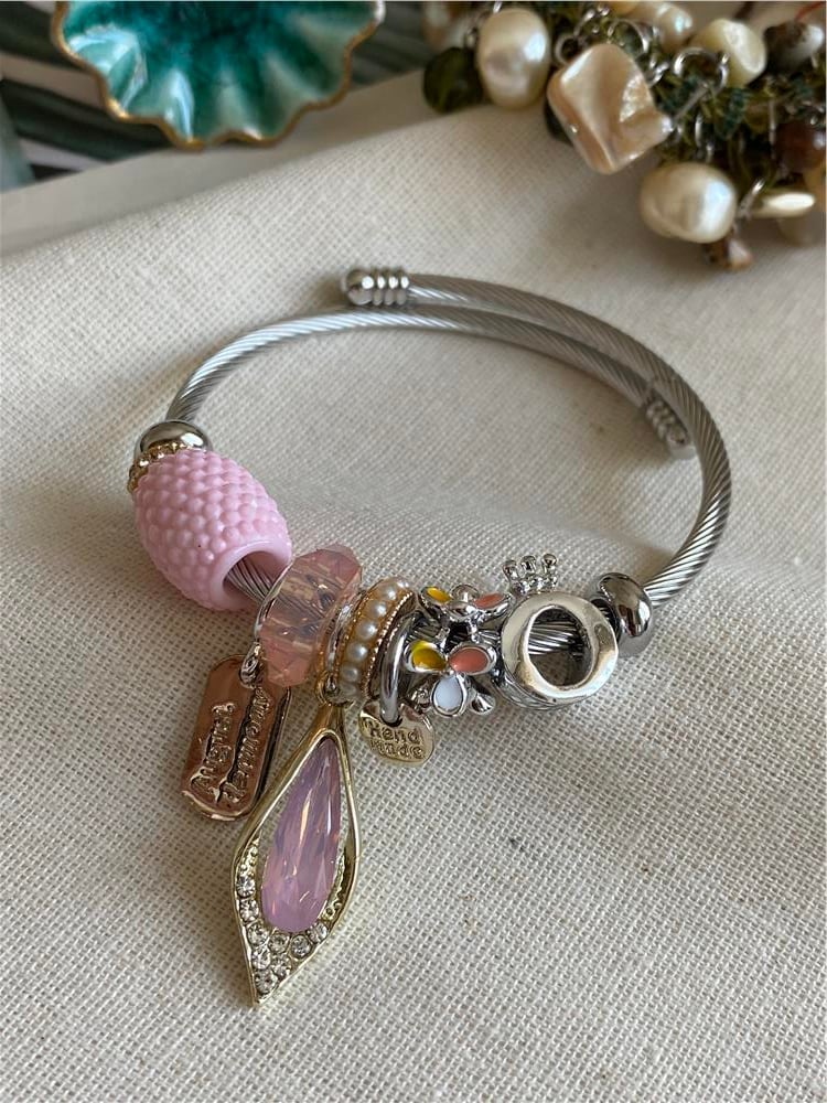 Çelik Pembe Damla Charm Bileklik