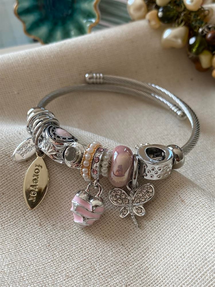 Çelik Pembe Kalp Charm Bileklik