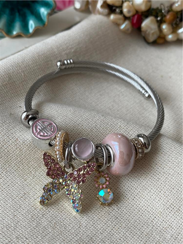 Çelik Pembe Kelebek Charm Bileklik