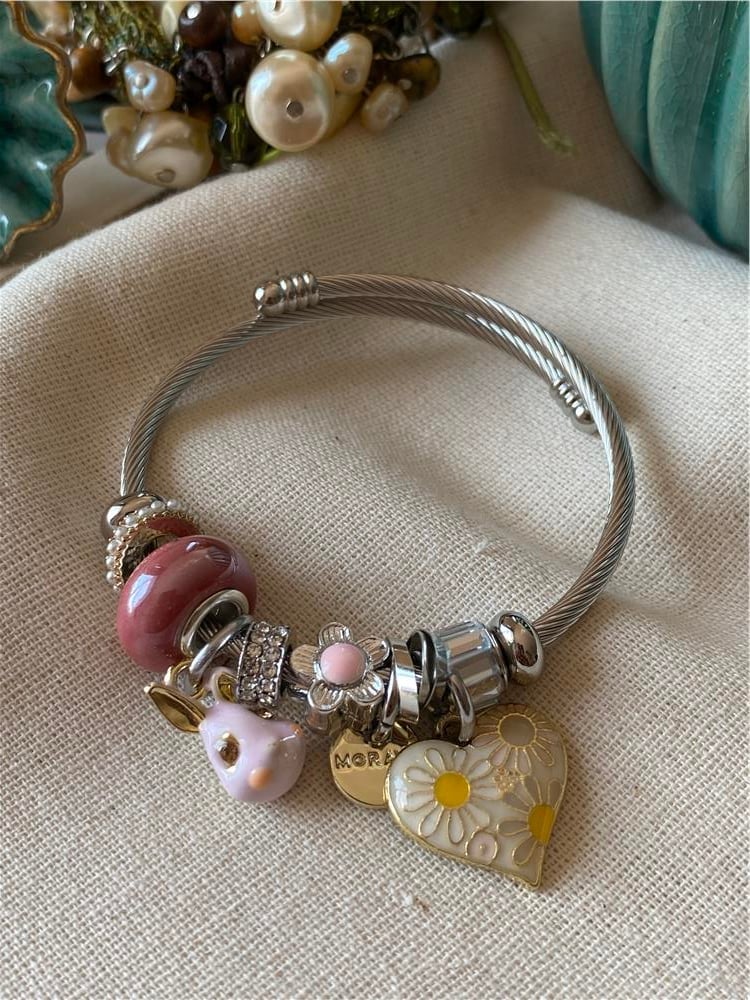 Çelik Pembe Tavşan Charm Bileklik