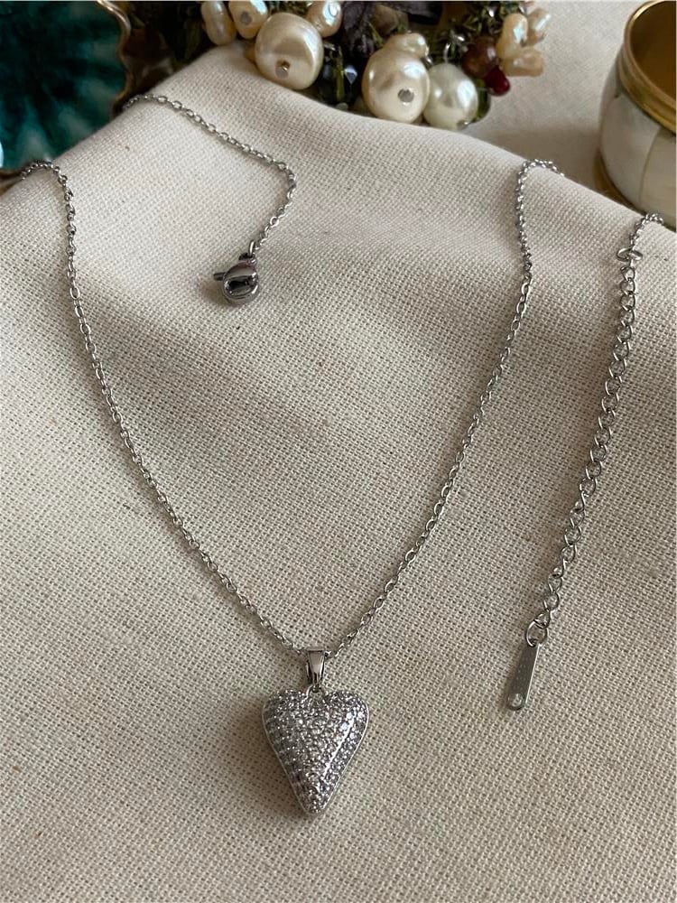 Çelik Silver Taşlı Kalp Kolye