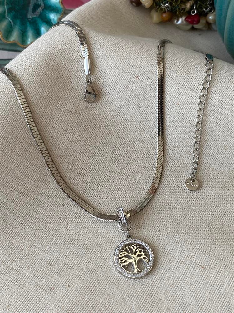 Çelik Silver Yassı Hayat Ağacı Kolye 