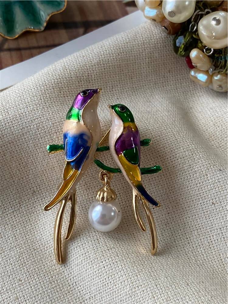 İnci Sallantılı Birds Broş