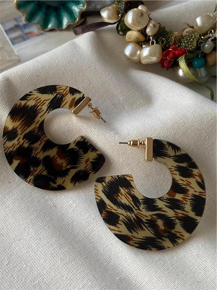 Sarı Alt Tonlu Çizgili Leopar Desen Küpe