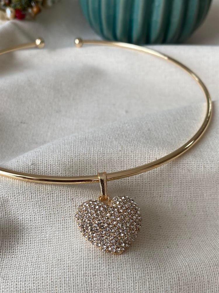 Taşlı Big Kalp Choker Kolye