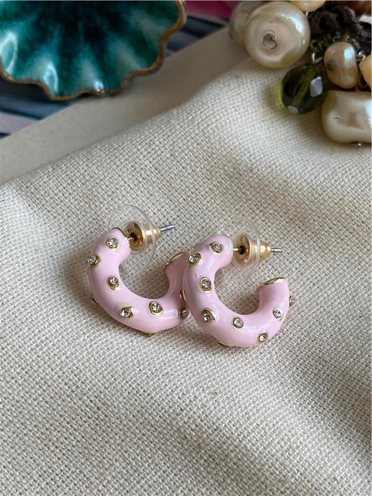 Taşlı Pembe Mini Halka Küpe