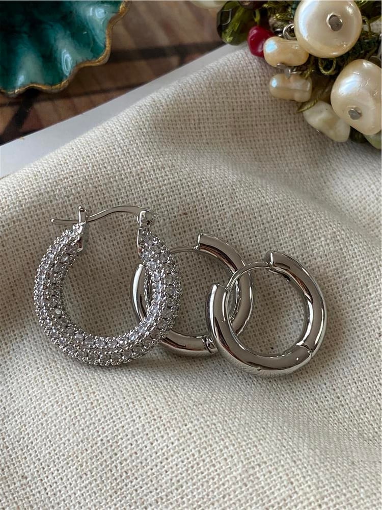 Üçlü Taşlı Silver Halka Küpe