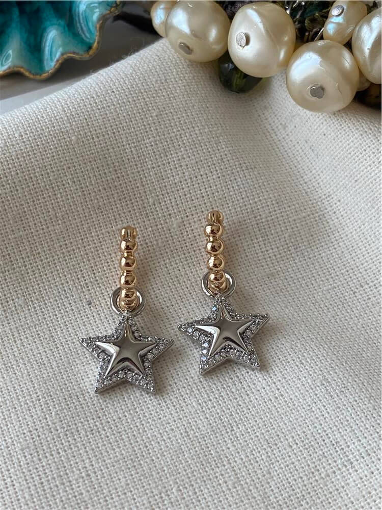 VIP Topçuk Detaylı Taşlı Silver Yıldız Charmlı Küpe