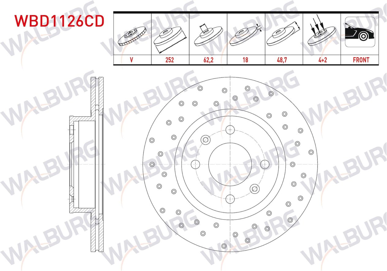 FREN DISKI ON HAVALI KAPLAMALI PERFORMANS DELIKLI 4 BJN 252X18X62,2X48,7 HYUNDAI I10 (BA) 1.2 D-CVVT 14 JANT 2013- / I10 (PA) 1.1i 12v 2008-2013 / I10 (BA) 1.0 D-CVVT 2013-