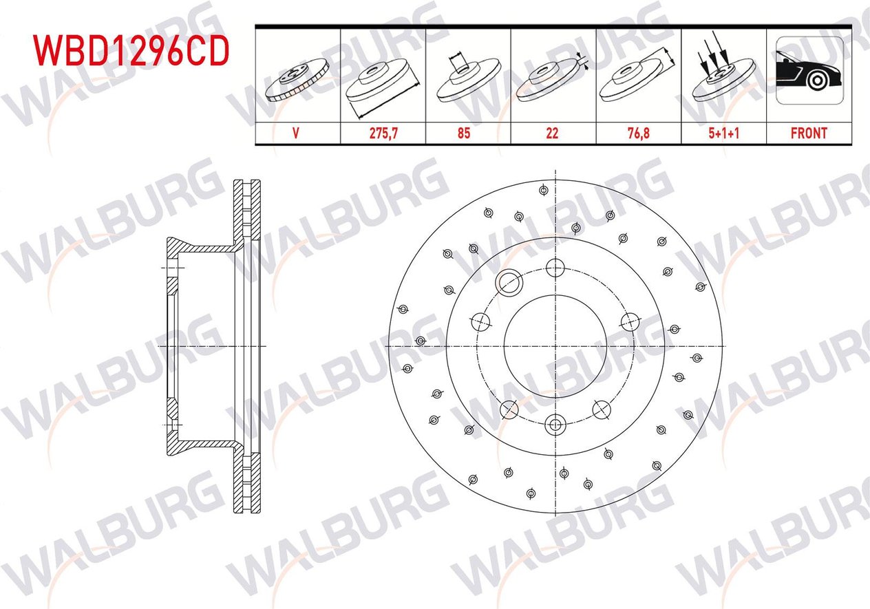 FREN DISKI ON HAVALI KAPLAMALI PERFORMANS DELIKLI 5 BJN 275,7X22X85X76,8 VOLKSWAGEN LT 28-46 II (2DA,2DD,2DH) 2.5 TDI 1996-2006