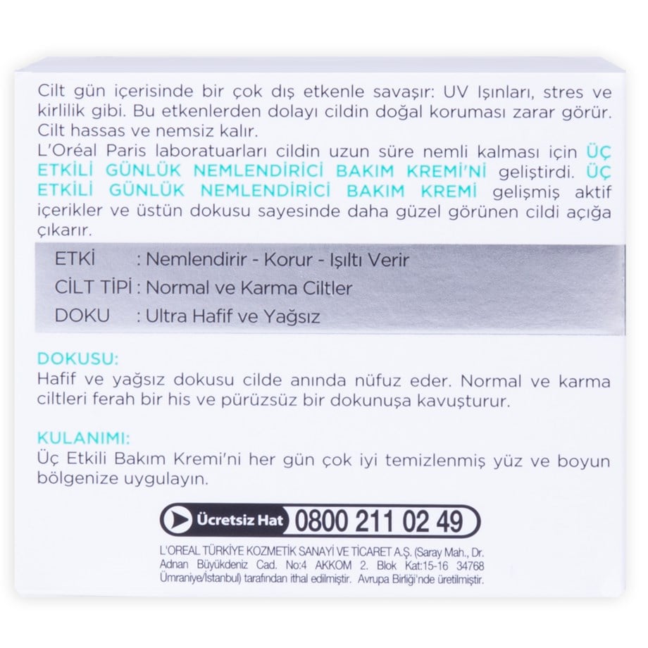 L'Oréal Paris 3 Etkili Günlük Bakım Kremi Normal ve Karma Ciltler 50 Ml