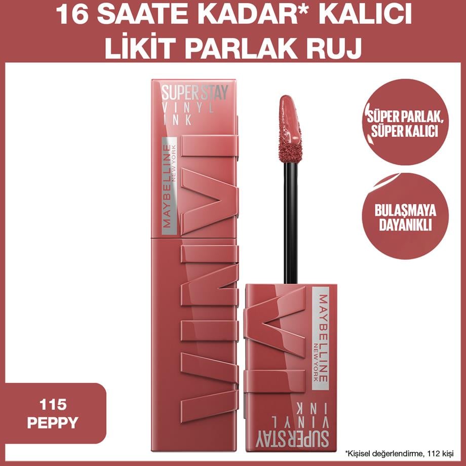 Maybelline - Maybelline New York Super Stay Vinyl Ink Uzun Süre Kalıcı Likit Parlak Ruj - 115 Peppy