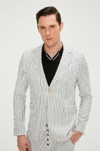 CEKMON CEKMON Erkek Çizgili Regular Fit Likralı Pamuklu Rahat Klasik Blazer Ceket 