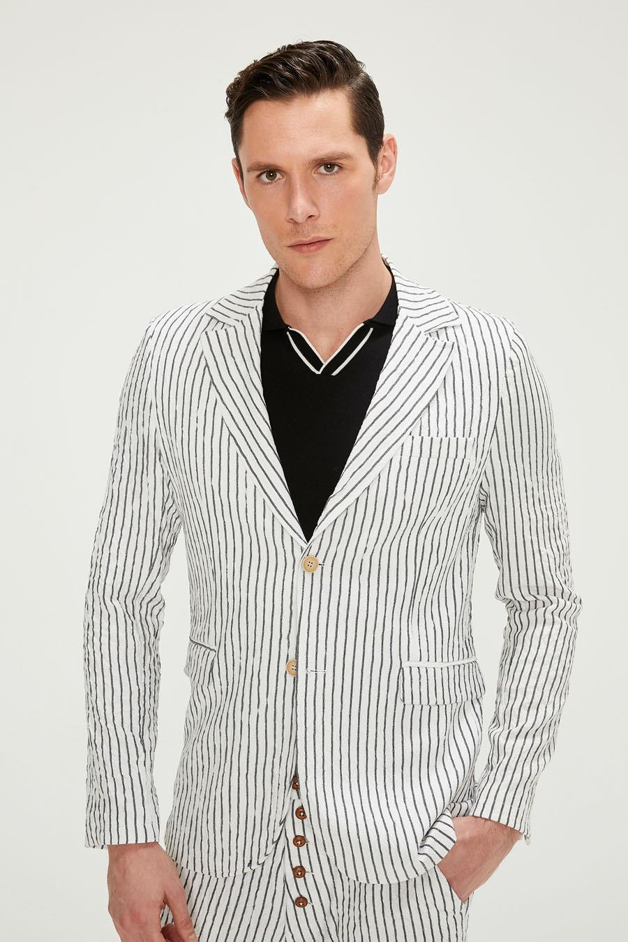 CEKMON CEKMON Erkek Çizgili Regular Fit Likralı Pamuklu Rahat Klasik Blazer Ceket 