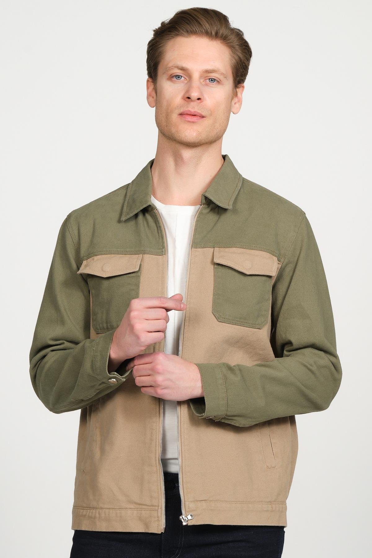 CEKMON CEKMON Erkek Regular Fit Çift Renkli Cepli Fermuarlı Gabardin Spor Gömlek Ceket 