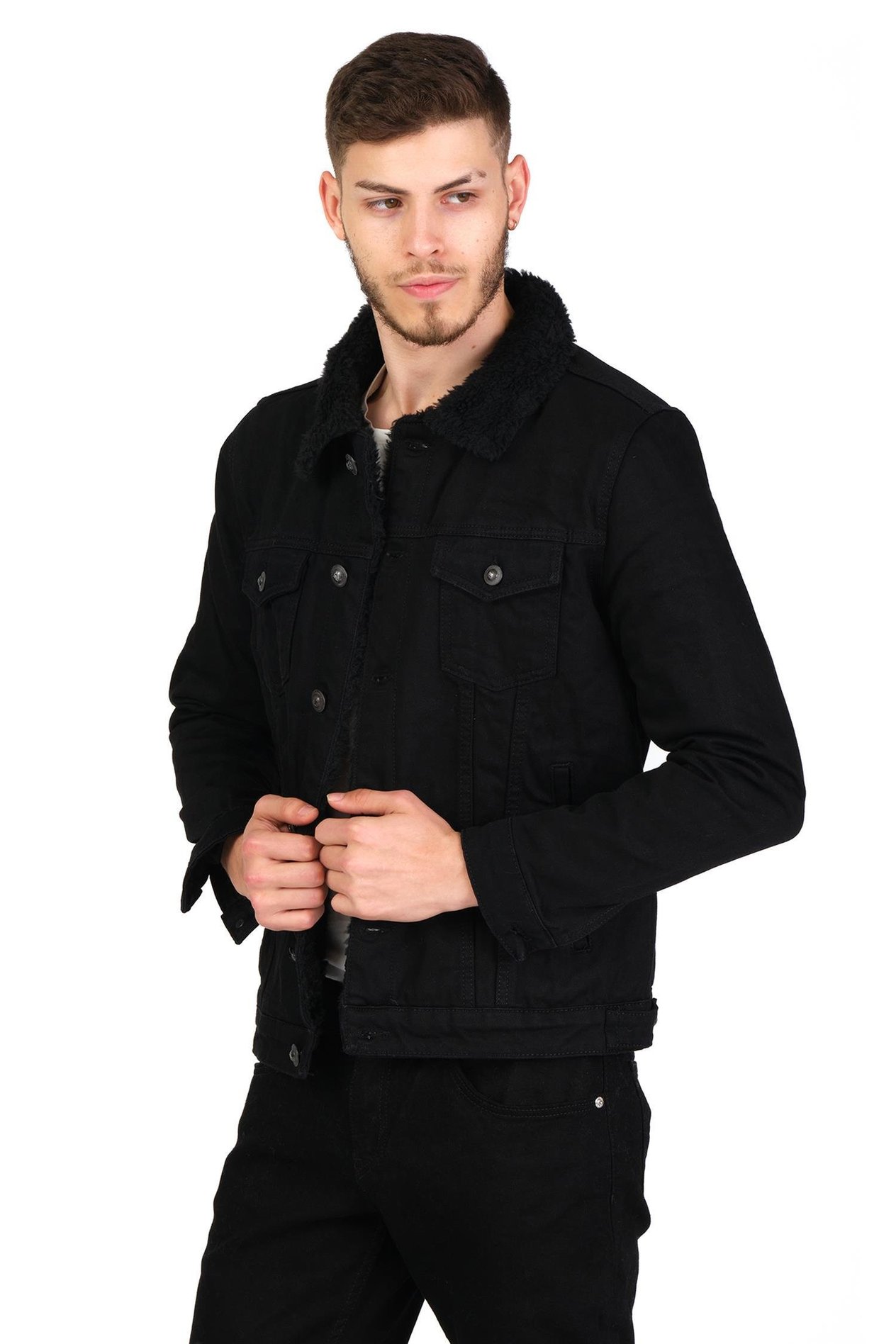 CEKMON CEKMON Erkek Slim Fit İçi Yünlü Düğmeli Kısa Kot Mont 
