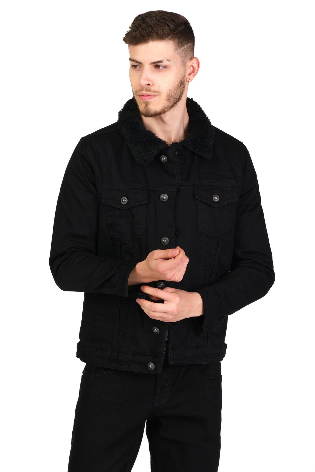 CEKMON CEKMON Erkek Slim Fit İçi Yünlü Düğmeli Kısa Kot Mont 