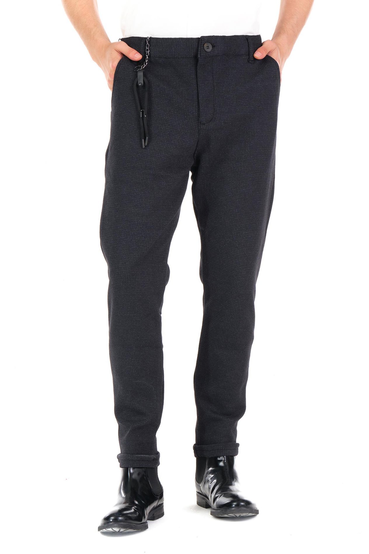 CEKMON Erkek Regular Fit Beli Lastikli Düğmeli Zincirli Yandan Cepli Kaz Ayağı Desenli Spor Jogger Pantolon 