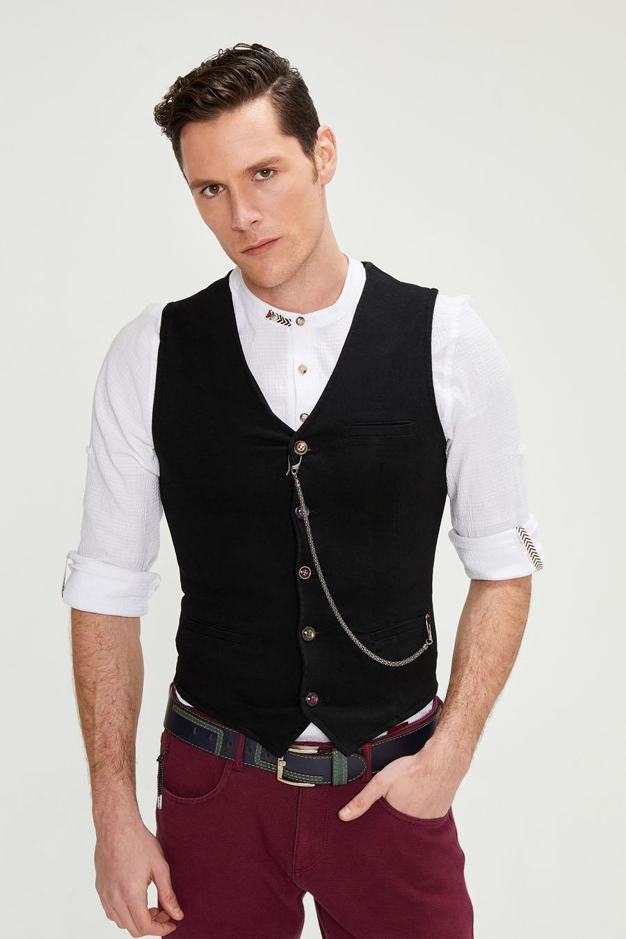 CEKMON Erkek Slim Fit Zincir Detaylı Renli Düğmeli Klasik Kot Yelek 